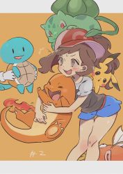 Rule 34 | 1girl, ^^^, artist name, baseball cap, black shirt, blouse, blue shorts, blush stickers, bright pupils, brown eyes, brown hair, bulbasaur, charmander, commentary, creatures (company), elaine (pokemon), fang, fire, flame-tipped tail, game freak, gen 1 pokemon, hat, highres, holding, holding pokemon, leaning forward, legs, letterboxed, long hair, magikarp, nintendo, on head, open mouth, orange background, out of frame, pikachu, pokemon, pokemon (creature), pokemon lgpe, pokemon on head, ponytail, red hat, shirt, short shorts, shorts, smile, squirtle, standing, starter pokemon trio, sweatdrop, ueda kou, white pupils