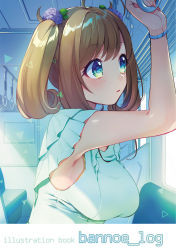 Rule 34 | 1girl, ahoge, arm up, armpits, bbbannooo, blush, bracelet, breasts, brown hair, from side, green eyes, highres, idolmaster, idolmaster cinderella girls, jewelry, large breasts, looking away, parted lips, sato shin, short hair, short twintails, sleeveless, solo, train interior, twintails, upper body