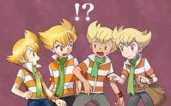 Rule 34 | !?, 00s, 4boys, barry (pokemon), blonde hair, creatures (company), game freak, in-franchise crossover, male focus, multiple boys, multiple persona, nintendo, orange eyes, pokemon, pokemon (anime), pokemon adventures, pokemon dp (manga), pokemon dp legend, pokemon dppt, poketch, purple background, scarf, shirt, striped clothes, striped shirt, surprised, sweatdrop, watch, wristwatch