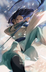 Rule 34 | 1boy, action, bean mr12, bird, blue hair, covering own mouth, feet out of frame, floating hair, glint, highres, holding, holding weapon, long hair, looking at viewer, low-tied long hair, luo xiaohei zhanji, short sleeves, solo, very long hair, weapon, white bird, wuxian (the legend of luoxiaohei)