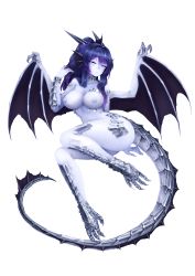 Rule 34 | 1girl, animal hands, barbariank, breasts, colored skin, commentary, demon wings, dragon girl, dragon tail, dungeons &amp; dragons, english commentary, fins, full body, grey eyes, hair between eyes, hand up, head fins, highres, horns, large breasts, long hair, looking at viewer, monster girl, nipples, nude, ponytail, purple hair, scales, silver dragon (d&amp;d), simple background, solo, tail, transparent background, white skin, wings