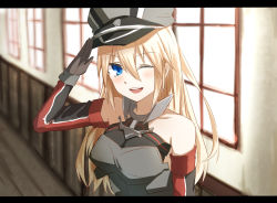 Rule 34 | 10s, 1girl, bismarck (kancolle), blonde hair, blue eyes, blush, elbow gloves, gloves, hat, highres, kantai collection, karo-chan, letterboxed, one eye closed, salute, solo