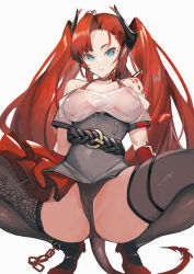 Rule 34 | 1girl, absurdres, arknights, asymmetrical legwear, bare shoulders, belt, black panties, black thighhighs, blue eyes, bra, breasts, chain, closed mouth, collarbone, corset, dragon girl, dragon horns, dragon tail, fanshu, flower, highres, horns, large breasts, long hair, looking at viewer, mary janes, material growth, mismatched legwear, oripathy lesion (arknights), panties, red bra, red flower, red hair, see-through, shoes, short sleeves, simple background, solo, spread legs, squatting, tail, thighhighs, thighs, toddifons (arknights), twintails, underbust, underwear, very long hair, white background