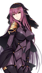 Rule 34 | 1girl, armor, bodysuit, breasts, covered navel, cowboy shot, fate/grand order, fate (series), kanosigu, large breasts, long hair, looking at viewer, parted lips, pauldrons, purple bodysuit, purple hair, red eyes, scathach (fate), shoulder armor, solo, veil