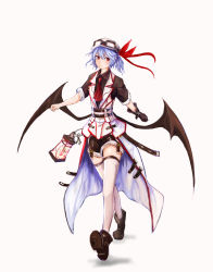 Rule 34 | 1girl, absurdres, alternate costume, ascot, bat wings, belt, boots, full body, goggles, goggles on head, highres, key, charm (object), lantern, light purple hair, lumo 1121, red eyes, remilia scarlet, short hair, shorts, simple background, solo, touhou, walking, white background, wings