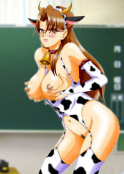 Rule 34 | 1girl, :d, animal ears, animal print, bell, neck bell, blush, breast hold, breastless clothes, breasts, brown eyes, brown hair, chalkboard, classroom, collar, cow ears, cow girl, cow horns, cow print, cowbell, elbow gloves, female focus, female pubic hair, glasses, gloves, horns, kurise asuka (royalhouse), large breasts, long hair, looking at viewer, nipples, open mouth, pubic hair, pussy, school, smile, solo, teacher, thighhighs
