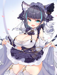 Rule 34 | 14c, 1girl, absurdres, azur lane, bare shoulders, black hair, blue eyes, blue hair, blunt bangs, blush, breasts, cheshire (azur lane), cleavage, clothes lift, commentary request, detached sleeves, dress, dress lift, earrings, fang, frilled dress, frilled ribbon, frills, garter straps, hair ribbon, highres, jewelry, large breasts, lifting own clothes, looking at viewer, maid, maid headdress, multicolored hair, open mouth, petals, revision, ribbon, smile, solo, streaked hair, thighhighs, thighs, white ribbon, white thighhighs
