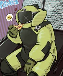 Rule 34 | 1boy, :d, bad id, bad pixiv id, bomb suit, box0, bulldozer (payday), eating, food, helmet, male focus, nkatazmukai, open mouth, payday (series), payday 2, pizza, smile, smiley face, solo, speech bubble