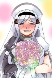 Rule 34 | 1girl, black hairband, black lilith (last origin), blush, bouquet, breasts, closed eyes, commentary request, crying, flower, hair ornament, hairband, hat, holding, holding bouquet, korean commentary, large breasts, last origin, long hair, mu94894747, pink flower, pink rose, rose, sign, single sleeve, smile, solo, tears, upper body, very long hair, warning sign, white hair