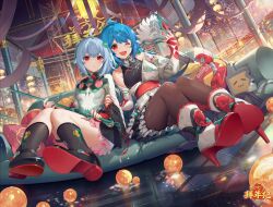 Rule 34 | 2girls, akizone, bili girl 22, bili girl 33, bilibili, blue hair, boots, brown pantyhose, chinese new year, closed mouth, dress, high heels, highres, locked arms, long sleeves, looking at viewer, multiple girls, one eye closed, open mouth, pantyhose, red eyes, red nails, sitting, smile, white dress, white hair