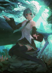 Rule 34 | 1girl, air bubble, aqua eyes, aqua hair, bare shoulders, black footwear, black thighhighs, boots, bubble, detached sleeves, fish, floating hair, hatsune miku, highres, long hair, necktie, open mouth, shirt, sitting, skirt, sleeveless, sleeveless shirt, smile, solo, thigh boots, thighhighs, twintails, underwater, very long hair, vocaloid, zen33n, zettai ryouiki