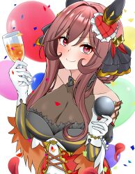 1girl animal_ears balloon breasts brown_hair cleavage closed_mouth collarbone confetti cup detached_sleeves drinking_glass gentildonna_(umamusume) gloves hair_between_eyes hair_ornament hair_rings highres horse_ears horse_girl large_breasts metal_ball red_eyes smile solo toshi04193211 umamusume white_background wine_glass