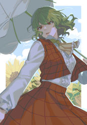 Rule 34 | 1girl, artist name, ascot, blue sky, border, breasts, cloud, cloudy sky, collared shirt, commentary, flower, frills, green hair, grey shirt, hair between eyes, hand up, highres, holding, holding umbrella, kazami yuuka, leaf, long sleeves, looking to the side, medium breasts, noriuma, open clothes, open mouth, open vest, outside border, plaid, plaid skirt, plaid vest, puffy long sleeves, puffy sleeves, red eyes, red skirt, red vest, shirt, short hair, skirt, sky, solo, standing, sunflower, touhou, umbrella, vest, white border, yellow ascot, yellow flower