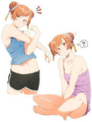 Rule 34 | 1girl, ?, barefoot, black shorts, blue camisole, brown eyes, camisole, closed mouth, commentary request, double bun, eitopondo, hair bun, highres, indian style, laufen (sousou no frieren), looking at viewer, midriff, multiple views, navel, nude, orange hair, purple camisole, shorts, simple background, sitting, sousou no frieren, spoken question mark, toes, white background