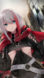 Rule 34 | 1girl, admiral graf spee (azur lane), azur lane, belt, blue eyes, blush, breasts, closed mouth, dress, highres, long sleeves, looking at viewer, medium breasts, multicolored hair, osisio, post-apocalypse, red hair, scarf, short hair, sidelocks, silver hair, smile, solo, streaked hair