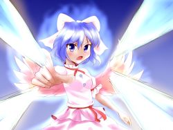 Rule 34 | 1girl, angry, aura, beam, blue eyes, blue hair, bow, female focus, foreshortening, hair bow, highres, mai (touhou), matching hair/eyes, mystic square, pointing, ribbon, short hair, solo, touhou, touhou (pc-98), uniyon, wings, witch