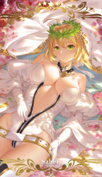 Rule 34 | 10s, 1girl, ahoge, areola slip, bare shoulders, belt, blonde hair, breasts, bridal veil, cangkong, chain, character name, cleavage, closed mouth, dappled sunlight, detached collar, detached sleeves, fate/extra, fate (series), gloves, green eyes, groin, head wreath, highres, juliet sleeves, large breasts, leotard, lock, long sleeves, looking at viewer, nero claudius (bride) (fate), nero claudius (bride) (third ascension) (fate), nero claudius (fate), nero claudius (fate) (all), padlock, partially unzipped, petals, pixiv id, puffy sleeves, short hair, smile, solo, star (symbol), strapless, strapless leotard, sunlight, thigh gap, thighhighs, thighs, veil, white gloves, white leotard, white thighhighs, zipper, zipper pull tab