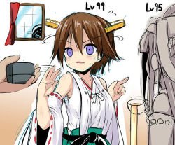 Rule 34 | 10s, 1girl, 3girls, brown hair, cup, detached sleeves, empty eyes, haruna (kancolle), headgear, hiei (kancolle), kantai collection, kongou (kancolle), multiple girls, nontraditional miko, pointing, purple eyes, ring box, sen (astronomy), short hair, spilling, teacup, waving, window