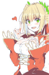 Rule 34 | 10s, 1girl, blonde hair, breasts, dress, epaulettes, fate/extra, fate (series), green eyes, hair intakes, heart, highres, index finger raised, large breasts, nero claudius (fate), nero claudius (fate) (all), nero claudius (fate/extra), nesume, red dress, sidelocks, simple background, sketch, solo, upper body, white background