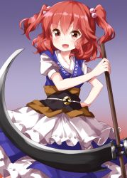 Rule 34 | 1girl, :d, apron, blue vest, breasts, collarbone, cowboy shot, dress, gradient background, hair between eyes, hair bobbles, hair ornament, highres, holding, holding scythe, holding weapon, long hair, medium breasts, obi, onozuka komachi, open mouth, puffy short sleeves, puffy sleeves, purple background, red background, red eyes, red hair, ruu (tksymkw), sash, scythe, short sleeves, smile, solo, touhou, two side up, vest, waist apron, weapon, white apron