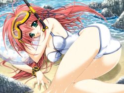 Rule 34 | 1girl, beach, breasts, casual one-piece swimsuit, cleavage, day, diving mask, game cg, goggles, green eyes, innertube, long hair, lying, magical premium, mio karen, mitsuki mantarou, one-piece swimsuit, red hair, rock, snorkel, solo, swim ring, swimsuit, watch, wet, wristwatch