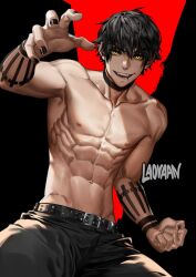Rule 34 | 1boy, abs, arm tattoo, belt, black background, black hair, black pants, collarbone, darius (laovaan), facing viewer, fighting stance, goth fashion, highres, laovaan, looking at viewer, male focus, messy hair, mouth piercing, multicolored background, muscular, muscular male, nail polish, navel, neck tattoo, nipples, original, pants, pectorals, red background, sharp teeth, short hair, solo, tattoo, teeth, yellow eyes