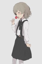 Rule 34 | 1girl, black bow, black skirt, blush, bow, brown eyes, brown hair, candy, collared shirt, commentary request, crescent, crescent pin, food, from side, grey background, hatoba tsugu, hatoba tsugu, highres, holding, holding candy, holding food, holding lollipop, lollipop, long sleeves, looking away, mole, mole under eye, no headwear, open mouth, pantyhose, pleated skirt, profile, ripu (lipi), shirt, simple background, skirt, solo, suspender skirt, suspenders, teeth, tongue, tongue out, upper teeth only, virtual youtuber, white pantyhose, white shirt