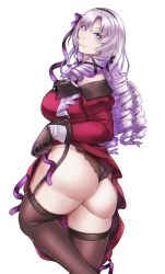 Rule 34 | 1girl, ass, bare shoulders, breasts, brown gloves, come hither, dress, drill hair, from behind, garter straps, gloves, hair ribbon, hairband, highres, huge ass, hyakumantenbara salome, juliet sleeves, large breasts, long hair, long sleeves, medinki, naughty face, nijisanji, off-shoulder dress, off shoulder, puffy sleeves, purple eyes, purple hair, red dress, ribbon, shiny skin, simple background, solo, thick thighs, thighhighs, thighs, thong, very long hair, virtual youtuber, white background