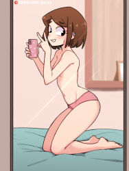 Rule 34 | 1girl, :d, artist name, barefoot, bed, bedroom, black eyes, blush, bob cut, breasts, brown hair, cassie (tobias wheller), cellphone, commentary, convenient censoring, curtains, earclip, english commentary, eyelashes, full body, groin, highres, holding, holding phone, indoors, kneeling, looking at viewer, mirror, on bed, open mouth, original, paid reward available, panties, patreon logo, patreon username, phone, picture frame, pink panties, raised eyebrows, selfie, short hair, small breasts, smartphone, smile, sweatdrop, swept bangs, thick eyebrows, tobias wheller, topless, underwear, underwear only, v, window