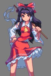 Rule 34 | 1girl, ascot, black hair, bow, brown eyes, closed mouth, commentary, detached sleeves, frilled skirt, frills, gohei, grey background, hair bow, hair intakes, hair tubes, hakurei reimu, holding, long hair, looking at viewer, pixel art, potemki11, red bow, red skirt, ribbon-trimmed sleeves, ribbon trim, sidelocks, simple background, skirt, smile, solo, touhou, yellow ascot