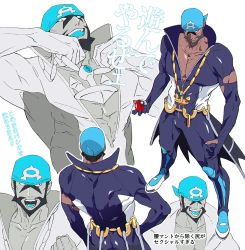 Rule 34 | 1boy, :d, anchor necklace, archie (pokemon), bad id, bad twitter id, bandana, beard, black eyes, blue bandana, bodysuit, brown hair, closed eyes, collarbone, commentary request, creatures (company), dark-skinned male, dark skin, diving suit, facial hair, game freak, highres, holding, holding poke ball, jewelry, male focus, multiple views, muscular, muscular male, necklace, nintendo, no (so dattamono), open mouth, pectorals, poke ball, pokemon, pokemon oras, popped collar, short hair, smile, team aqua, teeth, translation request, waist cape, wetsuit, |d