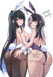 Rule 34 | 2girls, :p, absurdres, animal ears, ass, ass grab, asymmetrical docking, backless leotard, black hair, black horns, black pantyhose, blue hair, blush, breast press, breasts, colored inner hair, english text, fake animal ears, fake tail, fishnet pantyhose, fishnets, from behind, grabbing another&#039;s ass, grey hair, hair between eyes, hair ornament, hand on another&#039;s ass, haruuukuma, highres, hololive, hololive english, horn flower, horns, large breasts, leotard, long hair, looking at viewer, looking back, medium breasts, multicolored hair, multiple girls, nerissa ravencroft, pantyhose, parted lips, playboy bunny, purple leotard, rabbit ears, rabbit tail, red eyes, shiori novella, simple background, split-color hair, strapless, strapless leotard, tail, thong leotard, tongue, tongue out, two-tone hair, very long hair, virtual youtuber, white background, white leotard, white wrist cuffs, wrist cuffs, yellow eyes
