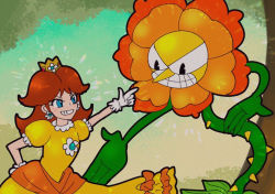 Rule 34 | blue eyes, boss battle, brown hair, cagney carnation, claws, crossover, crown, cuphead (game), dress, earrings, flower, flower earrings, forest, gem, gloves, grin, hand on own hip, jewelry, mario (series), nature, nintendo, nose, orange dress, princess daisy, puffy short sleeves, puffy sleeves, short sleeves, smile, sunflower, super mario bros. 1, super mario land, tomboy, tree