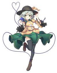 Rule 34 | 1girl, absurdres, bad id, bad pixiv id, black thighhighs, boots, cable, closed eyes, embellished costume, female focus, floating clothes, frills, full body, glowing, green eyes, hand on headwear, hat, heart, heart of string, highres, jacket, kimitoshiin, komeiji koishi, md5 mismatch, short hair, silver hair, skirt, smile, solo, standing, standing on one leg, thighhighs, third eye, touhou, transparent background, wavy hair, wide sleeves, zettai ryouiki