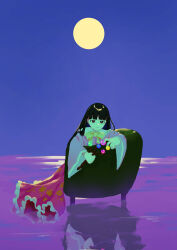Rule 34 | 1girl, absurdres, alternate skin color, armchair, black eyes, black hair, blunt bangs, chair, closed mouth, colored skin, dress, floral print, frilled dress, frills, full body, full moon, green skin, highres, hime cut, holding, holding stick, horizon, houraisan kaguya, long hair, long sleeves, looking at viewer, moon, orb, outdoors, pink dress, purple background, purple sky, reflection, reflective water, s u d, sitting, sky, solo, stick, touhou, water, wide sleeves