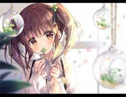Rule 34 | 1girl, blush, brown eyes, brown hair, clover, clover hair ornament, covering own mouth, hair ornament, letterboxed, looking at viewer, ogata chieri, puffy sleeves, ribbon, suimya, twintails, upper body