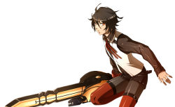 Rule 34 | 10s, 1boy, 23 (real xxiii), god eater, god eater burst, huge weapon, looking at viewer, male focus, pantyhose, red eyes, ren (god eater), short hair, simple background, solo, thighhighs, weapon, white background