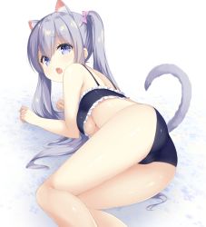 Rule 34 | 1girl, :o, animal ear fluff, animal ears, ass, bare arms, bare shoulders, black bra, black panties, bow, bra, breasts, cameltoe, cat ears, cat girl, cat tail, commentary request, fang, frilled bra, frills, grey hair, hair bow, highres, long hair, looking at viewer, looking back, lying, medium breasts, mimura zaja, on side, open mouth, original, panties, pink bow, purple eyes, solo, tail, thighs, twintails, underboob, underwear, very long hair