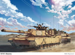 Rule 34 | 4girls, arms up, artist name, blonde hair, blue eyes, brown eyes, brown hair, browning m2, camouflage, cannon, cloud, contrail, day, desert, desert camouflage, goggles, goggles on headwear, gun, headset, heavy machine gun, helmet, kws, lens flare, load bearing vest, m1 abrams, machine gun, military, military vehicle, motor vehicle, mountain, multiple girls, operator-chan, original, outdoors, outstretched arms, sun, tank, united states, vehicle, weapon