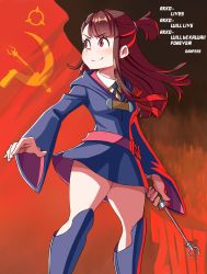 Rule 34 | 10s, 1girl, absurdres, artist name, blunt bangs, blush, boots, brown hair, collared shirt, communism, danfer3, dress, english text, highres, kagari atsuko, little witch academia, long hair, long sleeves, looking to the side, red eyes, shirt, short dress, sidelocks, solo, soviet flag, text focus, thick thighs, thighs, wand, wide sleeves