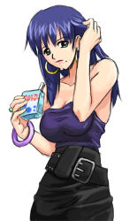 Rule 34 | 1girl, akogi, arc the lad, arc the lad ii, bare shoulders, belt, bracelet, green eyes, hand in own hair, jewelry, long hair, lowres, milk, milk carton, mole, purple hair, ring, shante (arc the lad), simple background, solo, white background