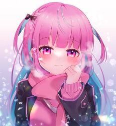 Rule 34 | 1girl, absurdres, adjusting scarf, ahoge, black bow, black jacket, blazer, blue hair, blunt bangs, blush, bow, braid, breath, cardigan, chai (7 go 3), closed mouth, colored inner hair, commentary, gradient background, hair bow, highres, hololive, jacket, long hair, long sleeves, looking at viewer, minato aqua, minato aqua (school uniform), multicolored hair, open clothes, open jacket, pink cardigan, pink scarf, purple background, purple eyes, purple hair, scarf, shirt, smile, snowflakes, snowing, solo, streaked hair, two side up, upper body, virtual youtuber, white background, white shirt