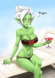 Rule 34 | 1girl, bare shoulders, bikini, black bikini, bow, breasts, cleavage, collarbone, colored skin, commentary, crossed legs, cup, cupping glass, dragon ball, dragon ball super, drinking glass, earrings, eyes visible through hair, fused zamasu, fusion, genderswap, genderswap (mtf), goku black, green skin, grey eyes, hair intakes, jewelry, large breasts, looking at viewer, navel, pointy ears, potara earrings, red bow, ring, romaji text, short hair, sitting, smile, solo, spiked hair, swimsuit, twrlare, white hair, zamasu
