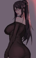 Rule 34 | 1girl, absurdres, alternate costume, ass, bare shoulders, black dress, breasts, cowboy shot, cropped legs, dress, ennuigrl, erato (ennuigirl), grey background, highres, large breasts, light, lips, long dress, long hair, looking at viewer, original, parted lips, pink lips, ponytail, purple hair, red eyes, simple background, solo