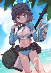 Rule 34 | 1girl, absurdres, bag, beach, belt, belt pouch, bikini, bikini bottom only, black hair, blue archive, blue sky, blurry, cloud, cloudy sky, commentary request, crop top, cropped jacket, depth of field, green eyes, hair between eyes, halo, hat, highres, holding, holding map, horizon, lahti-saloranta m/26, long sleeves, looking at viewer, map, medium hair, navel, ocean, official alternate costume, outdoors, pouch, saki (swimsuit) (blue archive), short hair, shoulder bag, sky, solo, stomach, swimsuit, v-shaped eyebrows, washin, weapon, weapon on back
