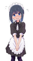 Rule 34 | 1girl, apron, black bow, black bowtie, black dress, black pantyhose, blue eyes, blue hair, blunt bangs, blunt ends, blush, bow, bowtie, commentary, d:, dark blue hair, dot nose, dress, embarrassed, feet out of frame, flustered, flying sweatdrops, frilled apron, frilled hairband, frills, full-face blush, furrowed brow, hairband, highres, looking at viewer, maid headdress, minagi hiyori, murairamuraiari, nervous smile, open mouth, own hands clasped, own hands together, pantyhose, pleated dress, puffy short sleeves, puffy sleeves, raised eyebrow, short hair, short sleeves, sidelocks, simple background, sleeve cuffs, slow loop, smile, solo, standing, straight-on, sweat, symbol-only commentary, tareme, uniform, v arms, waist apron, waitress, white apron, white background, white hairband