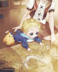 Rule 34 | 2boys, :o, aged down, ahoge, artist name, baby, barefoot, blonde hair, blue eyes, blue pajamas, blush, book, bookshelf, brown shorts, brown vest, commentary, cross-laced clothes, cross-laced top, english commentary, ethylene ty, feet, genshin impact, head out of frame, highres, hood, hood down, long sleeves, looking down, lying, male focus, map, mika (genshin impact), multiple boys, on stomach, onesie, open clothes, open mouth, open vest, pajamas, pointing, puffy short sleeves, puffy sleeves, scroll, shirt, short hair, short sleeves, shorts, sitting, stuffed animal, stuffed bird, stuffed toy, twitter username, vest, white shirt