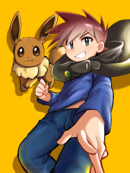Rule 34 | 1boy, absurdres, blouse, blue pants, blue shirt, brown hair, clenched hand, cloak, commentary request, creatures (company), eevee, game freak, gary oak, gen 1 pokemon, green eyes, grin, highres, long sleeves, looking at viewer, male focus, nintendo, pants, pokemon, pokemon (anime), pokemon (classic anime), pokemon (creature), shirt, short hair, smile, spiked hair, teeth, yellow background, zou jiang