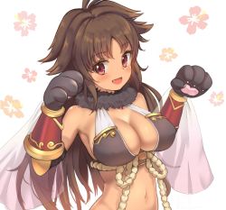 Rule 34 | 1girl, :d, animal hands, armpits, bare shoulders, bikini, bikini top only, black bikini, blush, breasts, brown hair, cleavage, dargo, dark-skinned female, dark skin, fang, floral background, fur collar, gauntlets, hair intakes, hands up, kaori (princess connect!), large breasts, long hair, looking at viewer, navel, open mouth, parted bangs, princess connect!, red eyes, see-through, simple background, smile, solo, swimsuit, upper body, white background