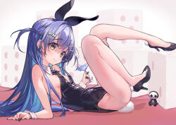 Rule 34 | 1girl, amana (pocketkey), animal ears, black footwear, black leotard, breasts, cocktail glass, cup, detached collar, drinking glass, fake animal ears, fake tail, from side, hair ornament, hairclip, high heels, highres, knees up, legs, leotard, long hair, nail polish, playboy bunny, purple hair, rabbit ears, rabbit tail, shoes, small breasts, smile, solo, tail, thighs, two side up, virtual youtuber, vspo!, wrist cuffs, yano kuromu